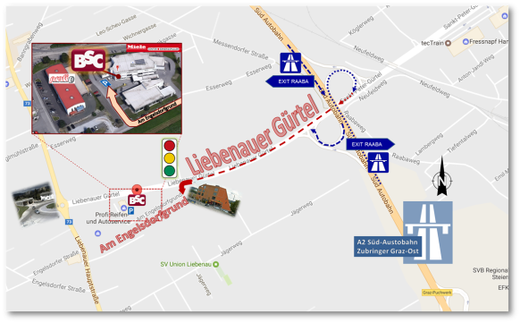 Das Bild stellt anhand eines Straßenkartenauszugs die Zufahrt zur BSC Brandschutzconsult Bautechnik GmbH kommend vom Autobahnzubringer Graz-Ost Abfahrt Raaba dar