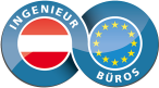 Logo Ingenieurbüros als hellblauer Doppelkreis, die Unendlichkeit symbolisierend (mathematisches Symbol) mit den Texten "Ingenieur" und "Büros": In den Kreisen: links rot-weiß-rot und rechts EU-Sterne