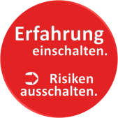 Roter Kreis mit weißem Schriftzug "Erfahrung einschalten", einem Pfeil der zum Schriftzug "Risiken ausschalten" zeigt. Brandschutzkonzepte brauchen Erfahrung