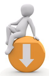 Weißes Animationsmännchen sitzt auf einem orangen Downloadbutton