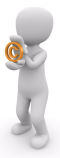 Weißes Animationsmännchen hält ein oranges Copyright-Zeichen