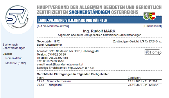 Abbild des Listeneintrags des Hauptverband der allg. beeid. und gerichtl. zertif. Sachverständigen Österreichs mit dem SV-Logo